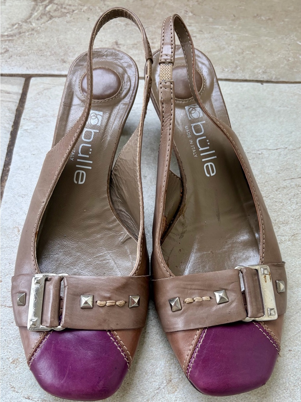 🍎Bulle Two-Tone Taupe and Purple Slingback Kitten Heels. Sz 38 (approx 7.5)
